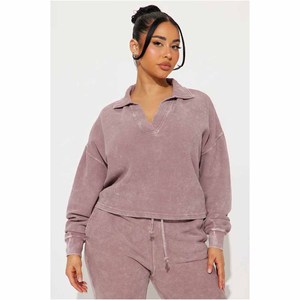Conjunto de 2 Piezas de Felpa para Mujer, Cuello Camisero, Manga Larga, Corte Holgado, Pantalones Deportivos Casuales para Todas las Temporadas, Color Sólido, Tejido de Algodón - Product Image 4