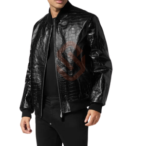 Blouson bomber en cuir de crocodile noir pour homme, véritable blouson bomber en cuir de luxe à imprimé crocodile exotique pour les jeunes étudiants - Product Image 3
