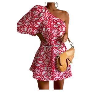 Robe de plage estivale 2026 à découpes, épaule dénudée, manches bouffantes, imprimé artisanal, très tendance pour femme, idéale pour les tenues décontractées - Product Image 6