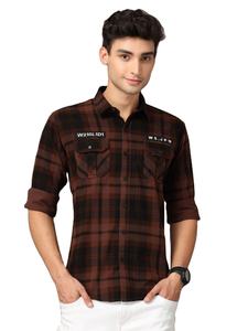 เสื้อคอปกลำลองแขนเต็มของผู้ชายผ้าฝ้ายลายตาราง100% ผ้าสักหลาดกันยับของพร้อมส่ง - Product Image 2