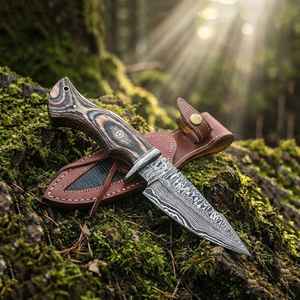 Cuchillos de caza de acero de Damasco hechos a mano de primera calidad con mango de madera, alto brillo, grado industrial, funda para acampar al aire libre - Product Image 6