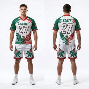 Ensemble de vêtements de sport de lacrosse vert et jaune à rayures, maillot et short sublimés pour équipe, kit d'entraînement technique respirant en maille performante - Product Image 4