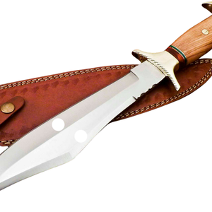 Cuchillo de caza Bowie hecho a mano de acero D2 con mango de madera de olivo marrón, hoja fija plateada, funda de cuero, cuchillo para acampar al aire libre - Product Image 5