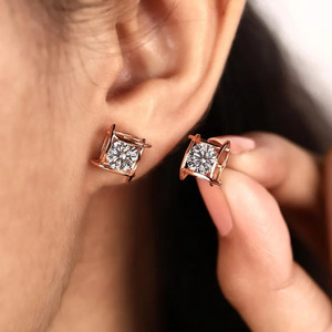 OM GEMS, 10K Gold Lab Grown Diamond <b>Earrings</b>, 2.00 CTW Round Cut, Geometric Design <b>Stud</b> <b>Earrings</b> For <b>Girls</b> & Women - Product Image 2
