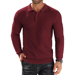 <b>Men's</b> Knitted <b>Long</b> Sleeve Polo Sweater Solid Color Autumn Casual Pullover Full Sleeve Button Closure Maroon - Product Image 2