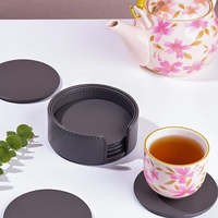 Ensemble de dessous-de-verre ronds en cuir PU avec support, tapis de table imperméables faits à la main, pour tasses à thé et café, couleur mandarine