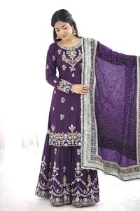 Ensemble de salwar kameez traditionnel indien pakistanais brodé en coton pour femmes, longueur au sol, coupe régulière, tenue de mariage, toutes saisons - Product Image 5
