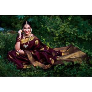 DESIGNER LICHI SOIE JAQUARD TRAVAIL DE Tissage SAREE AVEC BLOUSE NON COUSÉE MARRON - Product Image 5