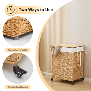 Cesto para Ropa Sucia de 100L, de 2 Secciones, Tejido con Jacinto de Agua Natural, con Tapa y Ruedas para Mayor Comodidad - Product Image 5