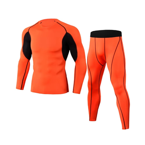 Conjunto de compresión de manga larga naranja para hombre, cuello redondo, de secado rápido, de spandex y poliéster, top de manga larga y pantalones, kit sólido para todas las estaciones - Product Image 1