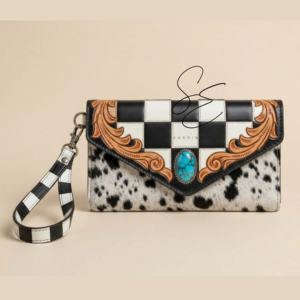 Cartera de cuero genuino estilo vaquera occidental con piel de vaca, bolso de mano repujado, pulsera a cuadros con piedra turquesa para mujer, OEM personalizado - Product Image 2