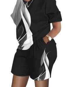 ชุดลำลองเสื้อยืดพิมพ์ลายดิจิทัลกับกางเกงขาสั้นผ้าเข้าชุดสองชิ้นพร้อมลายตกแต่ง ไซส์พลัสสำหรับผู้หญิงฤดูร้อน - Product Image 5