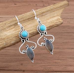 Boucles d'oreilles pendantes artisanales en argent sterling avec labradorite et turquoise naturelles, bijoux de luxe bohèmes pour femmes, cadeau de fête - Product Image 5