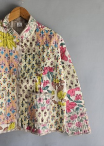 Floral <b>Quilted</b> Jacket Women's Mandarin Collar Cotton Full Sleeve Spring Patch Pocket <b>Single</b> Button XL gift for her - Product Image 3