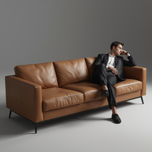 Sofá de Cuero Genuino de Vaca Estilo Moderno de Mediados de Siglo, Sofá de Cuero Marrón de 3 Plazas para Salas de Estar Modernas y Elegantes - Product Image 2