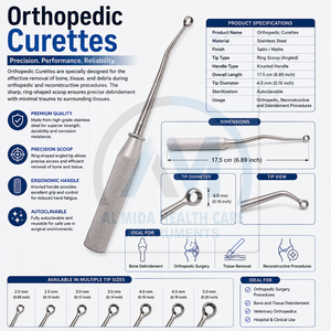 Al Mida Healthcare Stainless Steel Bone Curettes Reusable Orthopedic Surgical Instruments Class II ISO13485 Certified Manual - Product Image 6
