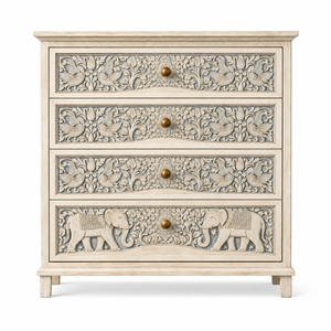 Meilleure Qualité Écologique Durable Gain de Place Commode à Tiroirs en Bois de Mangue Massif Sculpté à la Main Blanc Antique avec Motif Floral Éléphant - Product Image 1