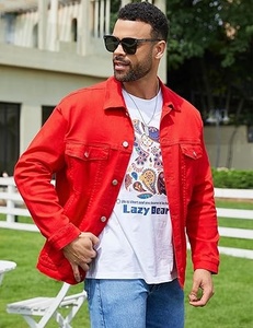 Men's Red Denim Jacket Solid Color Turn-down Collar Casual Style Single <b>Button</b> Front Regular Fit Spring Wear - Product Image 4