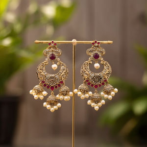 Vintage Brass Chandelier Earrings with Floral Peacock Pearl and Diamond Design - Product Image 2