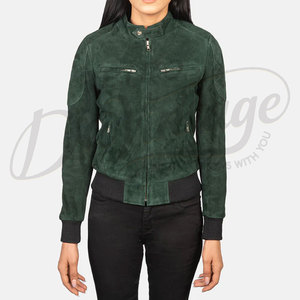 <b>Women</b> Dark Green Genuine <b>Suede</b> Leather Bomber <b>Jacket</b> Slim Fit Premium Goat <b>Suede</b> Casual Winter Outerwear Fashionable Coat - Product Image 2