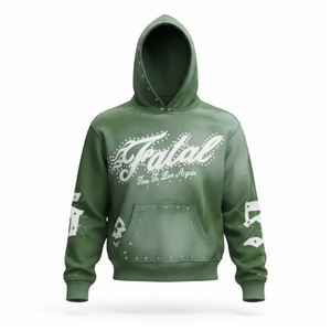 Sudadera con Capucha Estilo Streetwear con Lavado Ácido para Hombre, Verde con Estampado y Bolsillo, Corte Regular, para Otoño - Product Image 1