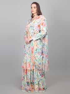 Nueva Colección de Moda Femenina: Sari Estampado Listo para Usar con Volantes y Adornos de Cuentas - Product Image 3