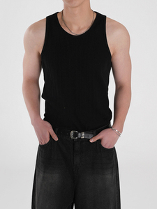 Débardeur côtelé noir pour homme, col rond, sans manches, style décontracté, couleur unie, en coton, coupe ajustée - Product Image 3