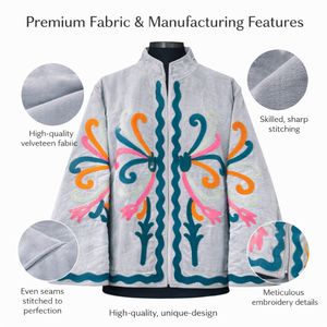 Blouson Bomber en Velours Brodé Fait Main pour Femme, Manches Longues, Col Montant, Broderie Frontale, Veste d'Hiver - Product Image 3