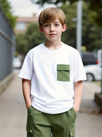 New Summer Collection Boys' Casual Jersey Material Skin-friendly Print Cargo Shorts Set High Quality White T-Shirt Multi-Pocket