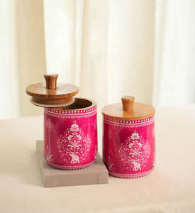 Pot de rangement en bois fait main avec couvercle en bois, motif floral rose et vert, style bohème, idéal pour offrir - Product Image 2