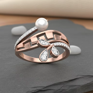 Anillo Moderno Geométrico de Oro Rosa con Perla y Diamantes Pavé, Certificado IGI, para Compromiso y Boda Hindú, Regalo para Mujer - Product Image 1