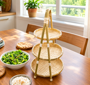 Panier de rangement pour fruits et aliments en bambou tissé à la main, écologique, moderne, pour la cuisine, le café, la salle à manger - Trois étages, multifonctionnel - Product Image 3