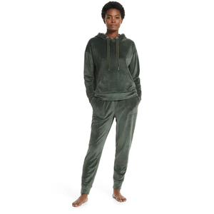 Conjunto Deportivo de Mujer en Terciopelo Verde Oscuro con Capucha, Manga Larga, Color Sólido, Corte Holgado, Pantalones de Invierno con Bolsillos Laterales - Product Image 4