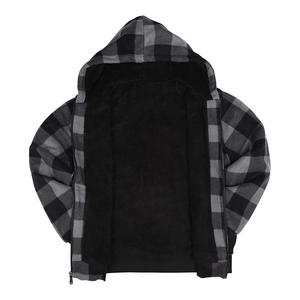 Sweat-shirt en flanelle à capuche à fermeture éclair, motif écossais noir et gris, coupe classique, décontracté, pour l'hiver, prix d'usine - Product Image 5