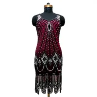 Robe de soirée bordeaux à franges perlées, sans manches, col en V, avec strass, pour soirée, cocktail, événement