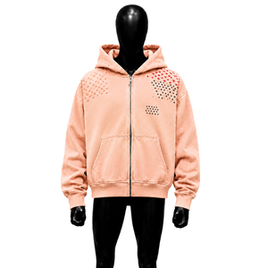 Sweat à capuche zippé oversize personnalisé couleur pêche avec motif croix abstrait, en molleton délavé, style streetwear, manches classiques, 100% coton K - Product Image 1