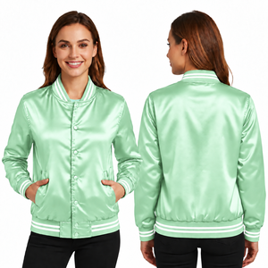 Chaqueta Varsity de Satén Verde Menta para Mujer, Manga Larga, Cierre de Botones, 100% Poliéster, Ropa de Invierno, Transpirable, Resistente al Viento - Product Image 1