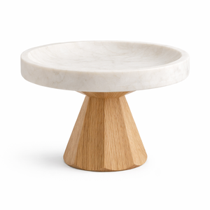 Plateau de service en marbre blanc avec base en bois noir, plateau rond surélevé pour la présentation sur table, idéal pour les repas et la décoration de maison de luxe - Product Image 5