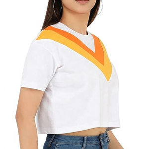T-shirt court pour femme, blanc, orange, jaune, color block, col rond, manches courtes, décontracté, tendance - Product Image 3