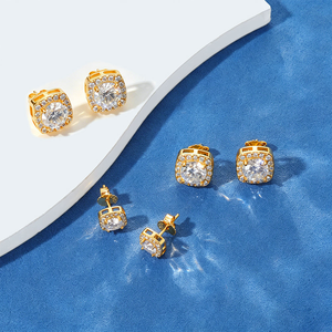 925 <b>Silver</b> Lab Grown Diamond Round <b>Stud</b> Earrings Halo Basket Set Unisex Luxury Push Back Earrings - Product Image 1