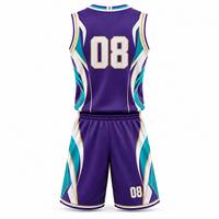 Ensemble de maillots de basket-ball sublimés personnalisés, violet, turquoise, blanc, imprimé géométrique, col en V, sans manches, maille respirante, séchage rapide, 100%