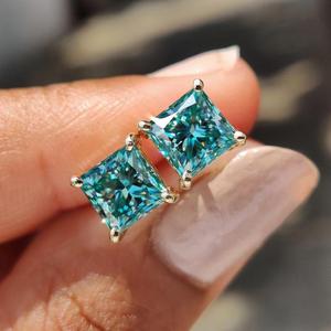 <b>Blue</b> Princess Cut Diamond <b>Stud</b> <b>Earrings</b> Solid Gold Solitaire <b>Earrings</b> Minimalist Luxury <b>Stud</b> <b>Earrings</b> Lab Grown Diamond Jewelry - Product Image 1
