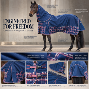 Navy Blue 1200D Horse Winter Rug 100g Filling XL Shoulder Gussets | Detachable Neck Cover <b>Reflective</b> Trim Adjustable Chest Ties - Product Image 5