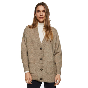 High Quality <b>Beige</b> Women Oversized <b>Cardigan</b> Soft Knit Wool Blend Ribbed Hem Drop Shoulder Button Front Logo High Street Style - Product Image 2