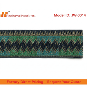 ริบบิ้นผ้าแจ็คการ์ดแบบดั้งเดิม ขนาด 38 มม. ผลิตจากโพลีเอสเตอร์ 100% ยี่ห้อเนลกามัล อินดัสทรีส์ ทนต่อการหดตัว ลายทางสีทอง ประดับด้วยดิ้นทอง เหมาะสำหรับตกแต่งเสื้อผ้าและทำโบว์ - Product Image 4