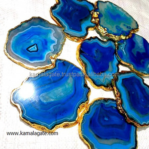 Wholesale Blue <b>Agate</b> Gemstone <b>Coasters</b> Golden Trim Quartz Cup <b>Coaster</b> Gold Edge Handmade American Style Wedding Gift Home Office - Product Image 3