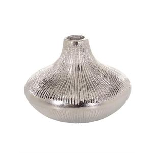 Jarrón Moderno de Metal Plateado con Textura Vertical Acanalada, Centro de Mesa Redondo y Abombado, Artículos Decorativos, Jarrones Elegantes y Macetas - Product Image 1