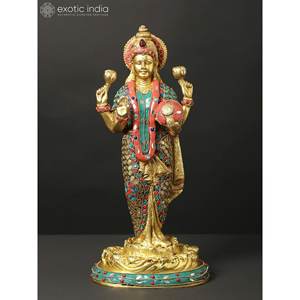 Estatua de Latón de Lakshmi Narayan (Vishnu Lakshmi) de 17 Pulgadas de Exotic India con Intrincados Incrustaciones, Elegante Escultura Artística de la India - Product Image 4
