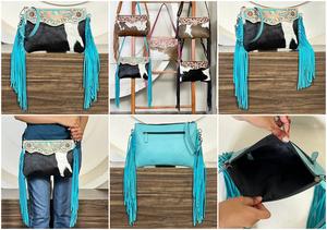 Hair on Cowhide Leather Crossbody Shoulder Bags With Fringes New Boho Style Tooled Turquoise Leather Women's Purse Gift for Her - Product Image 3