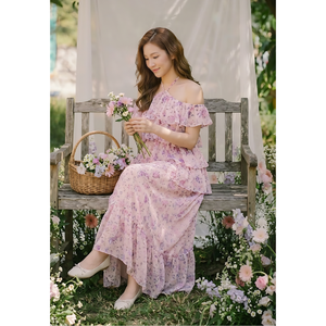 Robe longue maxi élégante à volants superposés et motif floral pour femme, style vintage, tricotée, idéale pour l'été, les fêtes et la plage – Prix de gros - Product Image 6